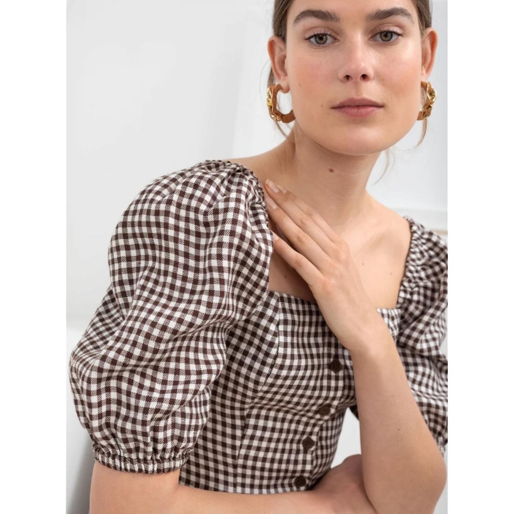 & Other Stories Brown and White Gingham Puff-Sleeve Blouse